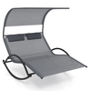 Outdoor Double Chaise Rocker with Sun Shade Canopy and Headrest Pillows-Grey