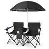 Portable Double Camping Chair with Umbrella and Ice Bag-Black