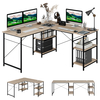 Wooden Industrial L-Shaped Desk with Storage Shelves-Natural