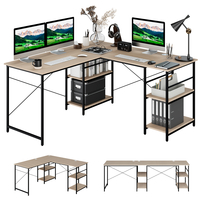 Wooden Industrial L-Shaped Desk with Storage Shelves-Natural