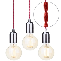 3 Pack of Red Braided Cable Kit with Gold Tint 6 Watt LED Filament Globe Light Bulb - Nickel