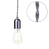 Grey Braided Cable Kit with Nickel Fitting & 6 Watt LED Filament Teardrop Light Bulb - Clear