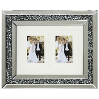 Mirrored 2 Image Picture Frame with Inlaid Diamond Style Crystals - Silver