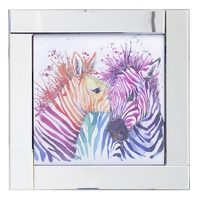 Square Mirror Picture Frame with Glittered Coloured Zebras Illustration - Silver