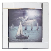 Square Mirror Picture Frame with Glittered Sailing Boats Illustration - Silver