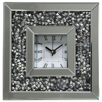 Square Mirrored Clock with Inlaid Diamond Style Crystal Frame - Silver