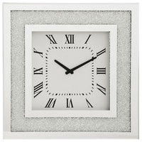 Square Mirrored Clock with Inlaid Small Crystal Style Frame - Silver