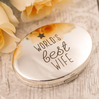 Engraved Silver Oval Compact Mirror - World