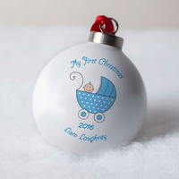 Personalised Bone China Bauble - 1st Christmas Blue Buggy