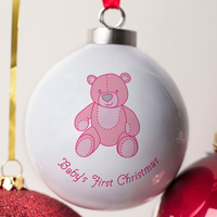 Personalised Bone China Bauble - First Christmas Pink Bear