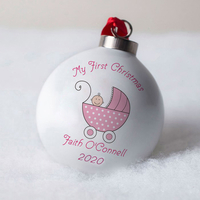Personalised Bone China Bauble - First Christmas Pram Pink