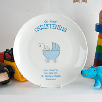 Personalised Bone China Plate - Blue Christening Pram