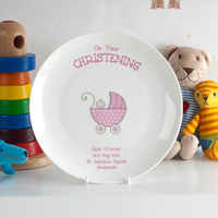 Personalised Bone China Plate - Pink Christening Pram