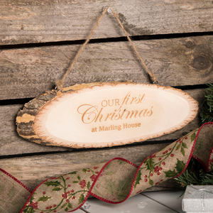 Personalised Hanging Natural Wooden Sign - Our First Christmas