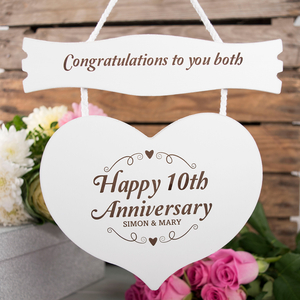 Personalised Hanging White Wooden Door Sign - Happy Anniversary