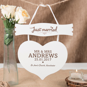 Personalised Hanging White Wooden Door Sign - Just Married