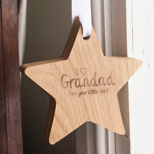 Personalised Hanging Wooden Star With White Ribbon - I Love Grandad