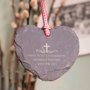 Personalised Heart-Shaped Slate Hanging Keepsake - Holy Communion