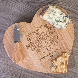 Personalised Heart-Shaped Wooden Cheeseboard Set - Happy Mother