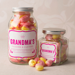 Personalised Jar Of Rhubarb & Custard Sweets - Grandma