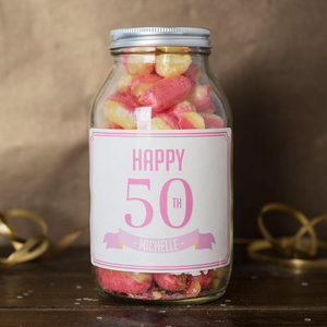Personalised Jar Of Rhubarb & Custard Sweets - Happy 50th