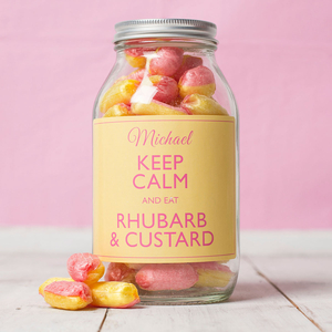 Personalised Jar Of Rhubarb & Custard Sweets - Keep Calm