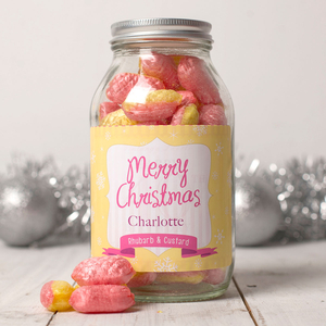 Personalised Jar Of Rhubarb & Custard Sweets - Merry Christmas