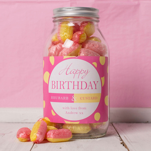 Personalised Jar Of Rhubarb & Custard Sweets - Pink Happy Birthday