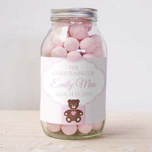 Personalised Jar of Strawberry Bonbons - Christening Teddy Bear