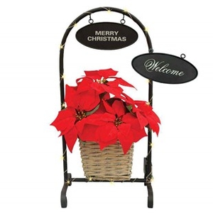 Home Glowing Poinsettia Greeting Basket Stand with LED Lights