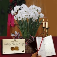 Paperwhite Daffodils in Rustic basket + Jersey Fudge plus Diary