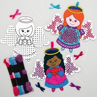 Angel Colour-in Cross Stitch Decoration Kits (Pack of 5) Christmas Crafts 6 thread colours - Violet,  Lavender,  Hot Pink,  Light Pink,  Light Blue & Sky Blue, 
