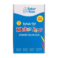 Brush Tip Marker Pens Bumper Value Box (Box of 120) Drawing 12 assorted colours - Black,  Brown,  Red,  Pink,  Orange,  Yellow,  Light Green,  Dark Green,  Light Blue,  Dark Blue,  Dark Purple & Light Purple