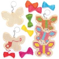 Butterfly Wooden Cross Stitch Keyring Kits (Pack of 5) Sewing & Weaving Craft Kits 7 embroidery thread colours - Pink,  Orange,  Red,  Blue,  Yellow,  Green & Purple