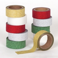Christmas Glitter Washi Tape (Pack of 10) Christmas Craft Supplies 5 assorted Christmas colours - Red,  Green,  Gold,  Silver & White