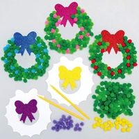 Christmas Wreath Pom Pom Art Craft Kits (Pack of 5) Christmas Crafts 7 assorted pom pom colours - Dark Green,  Light Green,  Red,  Yellow,  Blue,  Purple & Pink