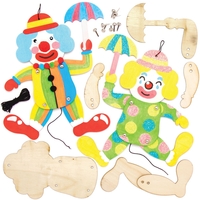 Clown Wooden Puppet Kits - 4 Wooden Puppets On String. Wooden Clown Marionettes. Size 24cm.