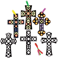 Cross Fuzzy Art Colour-in Decorations (Pack of 10) Decoration Craft Kits 5 assorted ribbon colours - Blue,  Pink,  Red,  Yellow & Green