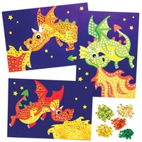 Dragon Sequin Picture Kits (Pack of 4) Craft Kits For Kids 5 assorted colour sequins - Red,  Yellow,  Orange,  Dark Green & Light Green