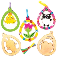 Easter Wooden Decorations (Pack of 10) Easter Crafts For Kids 5 assorted ribbon colours - Blue,  Yellow,  Orange,  Green & Purple