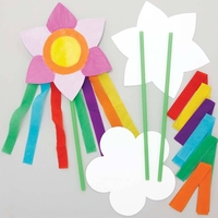 Flower Wand Kits (Pack of 8) Craft Kits For Kids 6 assorted streamer colours - Red,  Orange,  Yellow,  Green,  Purple & Blue