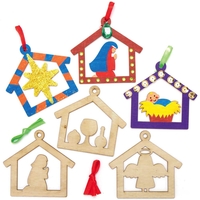 Nativity Wooden Baubles (Pack of 10) Christmas Crafts 2 ribbon colours - Green & Red