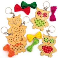 Owl Wooden Threading Keyring Kits (Pack of 5) Sewing & Weaving Craft Kits 7 assorted thread colouts - Red,  Orange,  Light Green,  Dark Green,  Yellow,  Purple & Brown