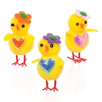 Pom Pom Chicks (Pack of 6) 3 Assorted Designs,  Flower Hat & Heart,  Easter Decorations