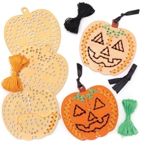Pumpkin Wooden Cross Stitch Decoration Kits (Pack of 5) Halloween Crafts 3 embroidery thread colours - Green,  Orange & Black