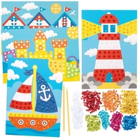 Seaside Sequin Picture Kits (Pack of 4) Craft Kits For Kids 8 sequin colours - Red,  Light Blue,  White,  Yellow,  Blue,  Orange,  Pink & Green