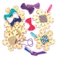 Snowflake Wooden Cross Stitch Decoration Kits (Pack of 5) Christmas Crafts 6 assorted thread colours - Light Blue,  Dark Blue,  Violet,  Lavender,  Pink & White