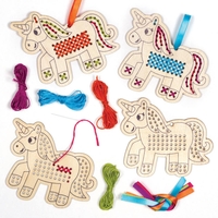 Unicorn Wooden Cross Stitch Decoration Kits (Pack of 5) Decoration Craft Kits 5 assorted thread colours - Pink,  Green,  Purple,  Blue & Orange