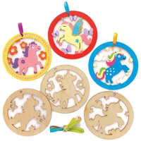 Unicorn Wooden Decorations (Pack of 10) Decoration Craft Kits 5 ribbon colours - Blue,  Orange,  Pink,  Green & Purple