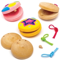 Wooden Castanet Kits (Pack of 3) Art Craft Kits 3 assorted cord colours - Pink,  Green & Blue